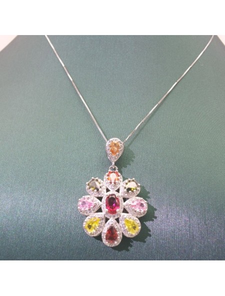 Natural coloured Tourmaline rose gold inlaid flowers pendant necklace  