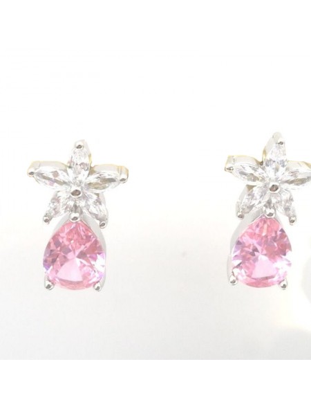 Natural pink jewel with flower and water drop jewel ear stud