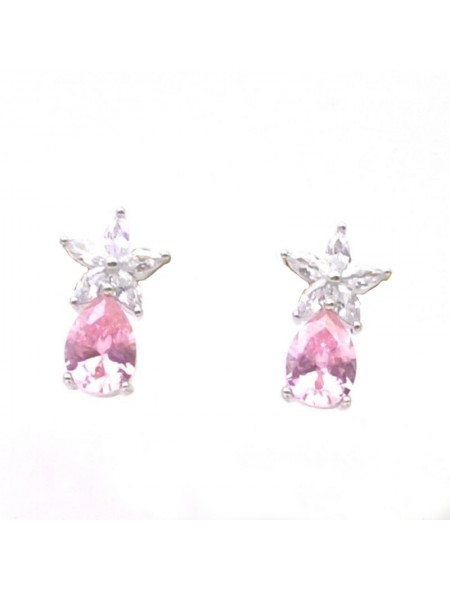 Natural pink jewel with flower and water drop jewel ear stud