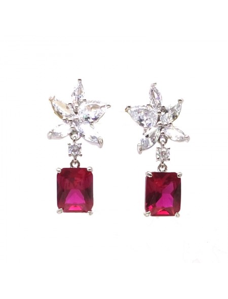 Natural ruby inlaid flower square gem Earrings