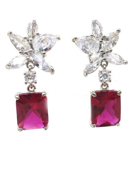 Natural ruby inlaid flower square gem Earrings