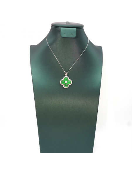 Natural emerald clover silver edged diamond necklace