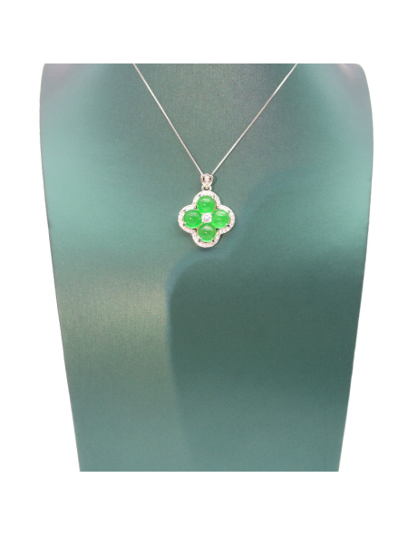 Natural emerald clover silver edged diamond necklace