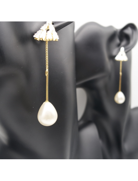 Triangular pearl long ear stud