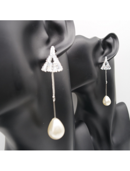 Triangular pearl long ear stud