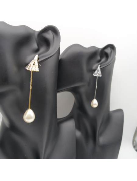 Triangular pearl long ear stud